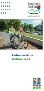 Radrouten-Karte im GießenerLand / Die Übersichtskarte stellt die sieben regionalen touristischen Radrouten mit Höhenprofil und Sehenswürdigkeiten am Radweg vor. Zusätzlich sind auf der Kartenseite die hessischen Radfernwege eingezeichnet.